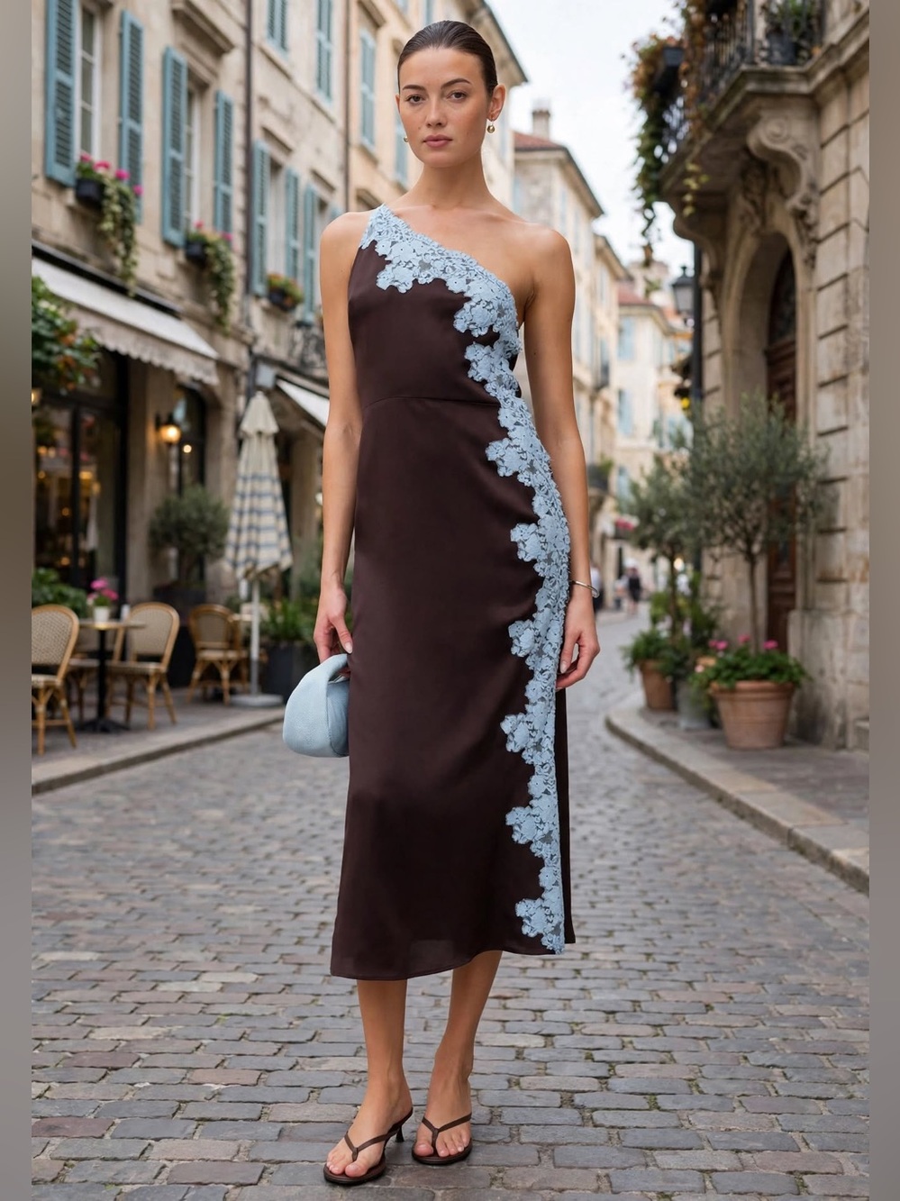 o.p.t Aiko Dress One-Shoulder Chocolate Brown Midi Dress, Light Blue Lace Sz 6